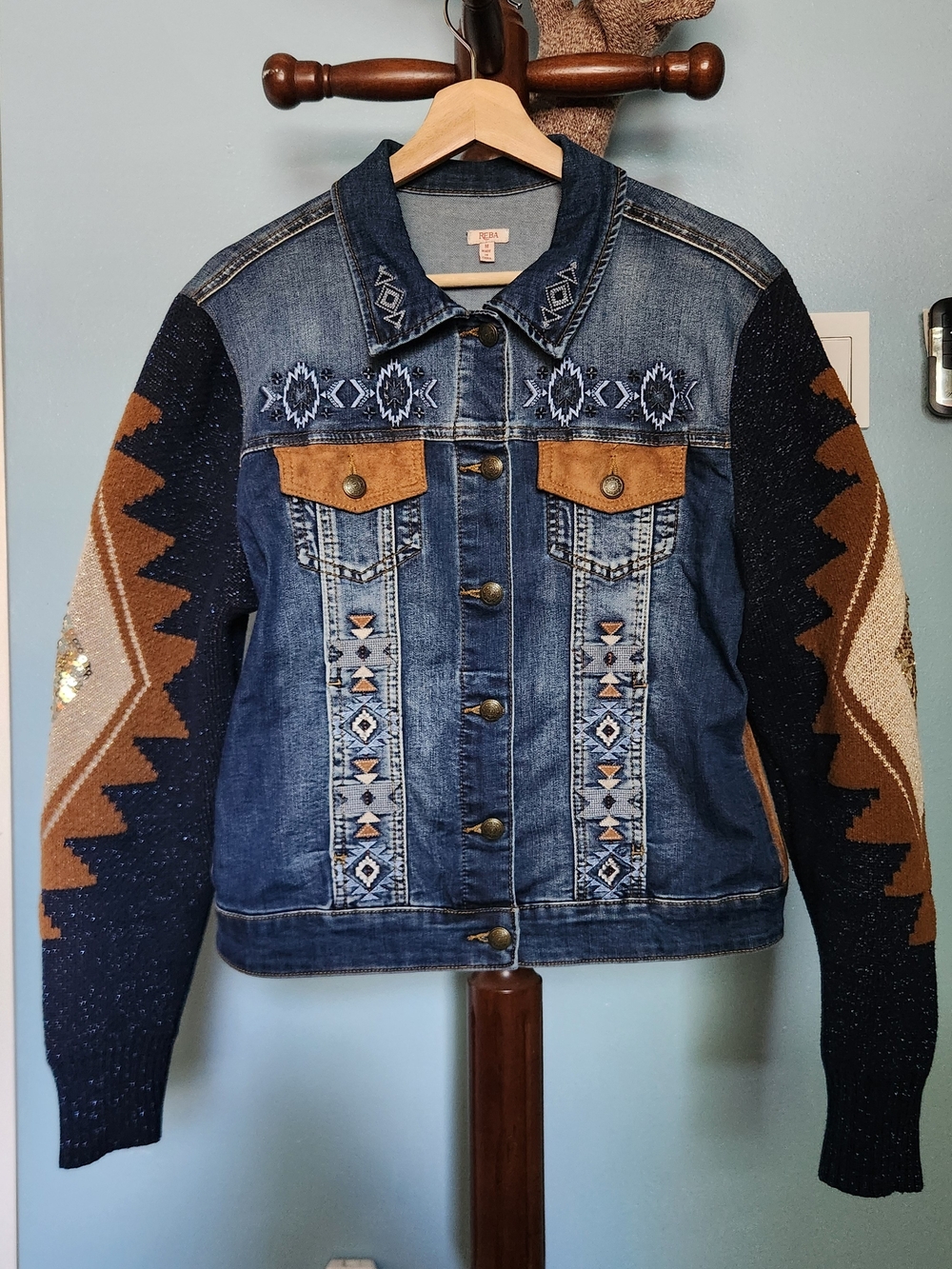 Reba Denim Jacket with Knit Sleeves - Blue & Brown
